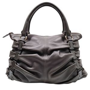 Auth Salvatore Ferragamo Ruched Gathered Pleated Gray Leather Shoulder Bag Hobo